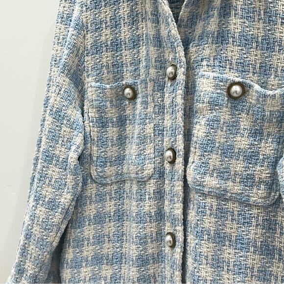 Zara Blue White Textured Houndstooth Plaid Pearl Jewel Button Overshirt Shacket - Picture 11 of 11
